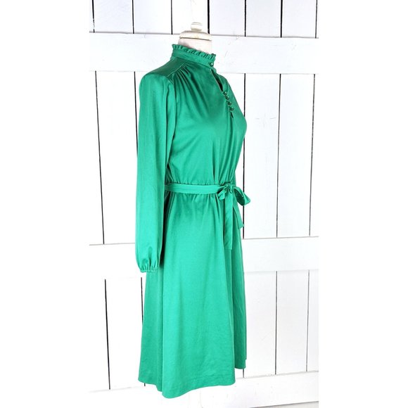 Vintage JCPenney green stretch polyester long sleeve belted peep hole dress - Picture 3 of 5